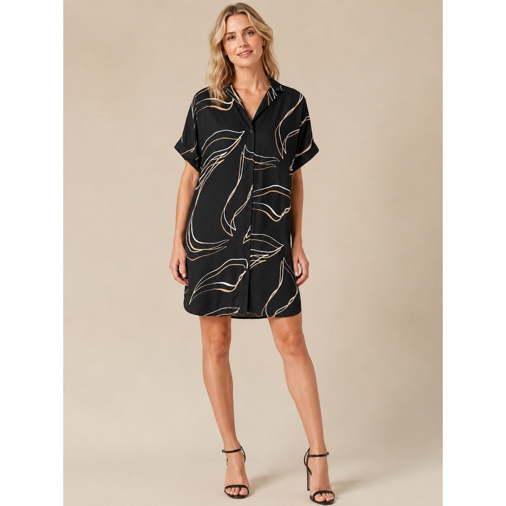 Lafayette 148 New York Black Shirt Dress with Cream Leaf Print